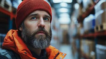 A warehouse worker is focused on tasks inside a logistics distribution center surrounded by shelves filled with various products. The environment is well lit from above. photo