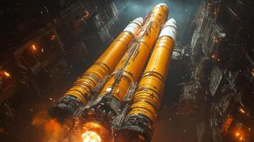 Rocket booster's engines ignite as it readies for lift off, illuminating the launch pad in a futuristic aerospace facility filled with intricate machinery. photo