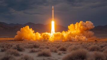A rocket launches into the evening sky, generating a brilliant orange flame and thick clouds of smoke in a desert setting, demonstrating advancements in aerospace technology. photo