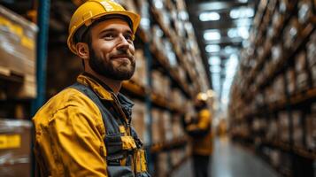 A warehouse employee in a yellow helmet stands confidently in a logistics hub filled with shelves of cargo. Colleagues work diligently in the background handling inventory. photo