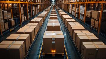 Boxes are systematically arranged in a spacious warehouse, showcasing a well structured logistics layout. This area is integral for inventory management and order fulfillment. photo