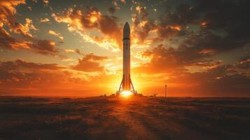A rocket rises majestically in the foreground as the sun sets, highlighting the intersection of technology and nature during a significant launch event. photo