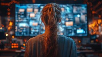 A person studying complex logistics data on a large screen in a busy distribution center filled with technology and bright lights, highlighting the importance of inventory management. photo