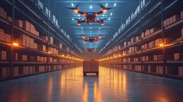 Drones are actively exploring a high tech warehouse filled with shelves of boxes, enhancing logistics processes and inventory accuracy in a busy distribution hub. photo