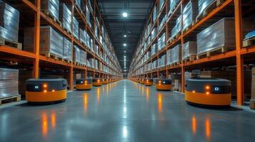 Automated robots efficiently move through a spacious warehouse, organizing inventory on shelves while optimizing storage and fulfillment processes during busy hours. photo
