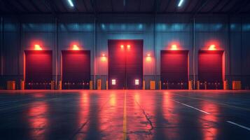 A spacious warehouse interior features illuminated loading docks with red lights, reflecting on the polished floor, signifying activity in a logistics and distribution center. photo