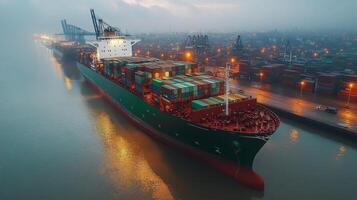 A large cargo ship approaches the dock at a bustling container terminal as lights illuminate the area. Workers are actively loading and unloading freight containers amidst the evening atmosphere. photo