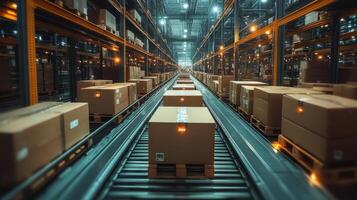 Large warehouse filled with boxes moving along automated conveyor belts. Workers are actively engaged in sorting and organizing inventory for timely distribution. photo