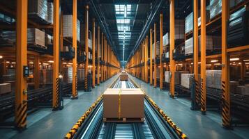 A vast warehouse filled with neatly organized storage racks and packages on conveyor belts, showcasing the distribution and sorting activities taking place during busy working hours. photo