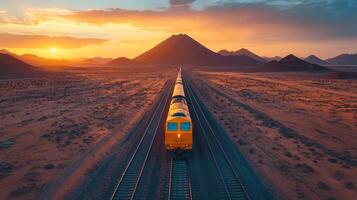 A freight train moves along railway tracks through a vast desert under a vibrant sunset, with mountains in the background creating a stunning natural backdrop. photo