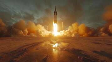 A rocket ascends into the sky, producing immense flames and thick smoke during launch. The powerful propulsion showcases advancements in aerospace technology and engineering. photo