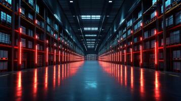 The interior of a modern warehouse features tall shelving units filled with organized inventory. LED lights illuminate the aisles, enhancing visibility for efficient logistics and distribution tasks. photo