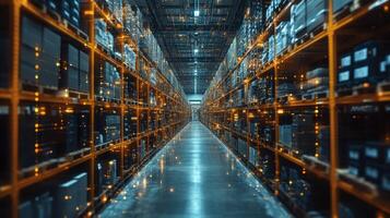Rows of neatly arranged shelving units filled with boxes showcase a busy logistics hub where inventory is sorted and prepared for distribution. photo