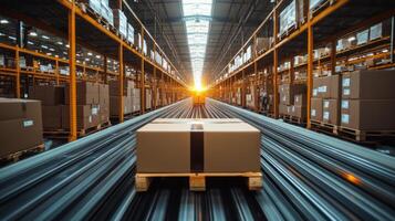 A warehouse is bustling with activity as the sunset casts a warm glow through the open space, highlighting neatly arranged boxes on pallets and sorting lanes. photo