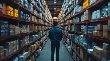 Warehouse employee walks through narrow aisles of stacked boxes in a large distribution center, overseeing inventory management and stock organization during daylight hours. photo