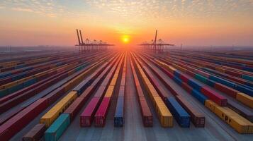 Bright sunset illuminates a logistics hub filled with long rows of shipping containers, emphasizing the scale of freight and inventory management in the distribution center. photo