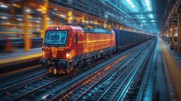 A train loaded with freight moves swiftly through a warehouse distribution center illuminated by bright lights during dusk, showcasing the logistics operations in action. photo