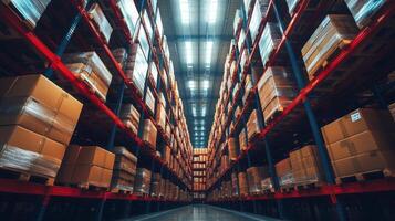 Brightly lit warehouse features extensive shelving units lined with stacked cardboard boxes, indicating active logistics and distribution operations. photo
