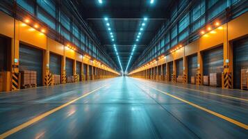 Brightly lit warehouse features multiple loading docks and neatly stacked inventory, designed for optimal sorting and fulfillment activities throughout the day. photo