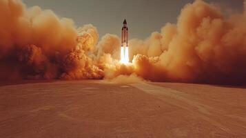 A rocket ascends into the sky, leaving behind a plume of smoke and dust. The setting features a vast desert landscape during a bright day, showcasing rocket propulsion and aerospace innovation. photo