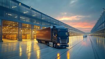 A logistics truck parks at a large warehouse as the sun sets, preparing for freight loading and efficient distribution of inventory while optimizing transport operations. photo