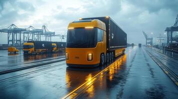 Freight truck navigates a wet logistics hub filled with containers and cranes under cloudy skies, showcasing efficient transport operations at dusk. photo