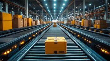 Boxes are systematically transported along a conveyor belt in a spacious warehouse, demonstrating effective logistics and inventory management practices during peak operation hours. photo
