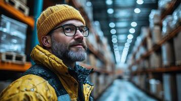 A worker with glasses and a yellow beanie observes the organized shelves filled with inventory in a logistics warehouse while supervising sorting operations. photo