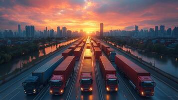 Trucks are arranged in a meticulous line in a logistics distribution hub as the sun sets, creating a dramatic skyline against the urban backdrop. photo