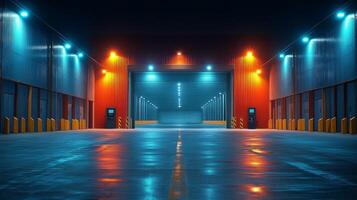 A spacious warehouse is illuminated by bright orange and blue lights, showcasing loading docks for freight and cargo operations, emphasizing a well managed distribution center. photo
