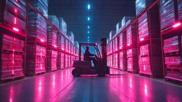 A forklift operator navigates along aisles filled with stacked pallets, illuminated by vibrant colored lights, efficiently moving inventory in a bustling warehouse environment. photo