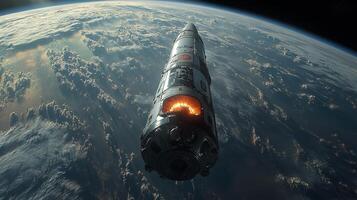 Rocket engages retropropulsion systems to slow descent as it approaches Earth, highlighting advanced recovery technology for safe landings after spaceflight. photo