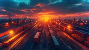 A striking sunset casts a warm glow over a busy logistics hub, where numerous freight containers are lined up along the railway tracks as operations continue. photo