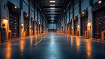 This warehouse interior features spacious aisles lined with loading bays, providing ample room for moving freight and managing inventory efficiently during busy operational hours. photo
