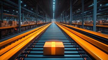 A vast warehouse filled with neatly organized shelves and automated conveyor systems transporting boxes. The space is illuminated by bright lighting, enhancing operational efficiency. photo
