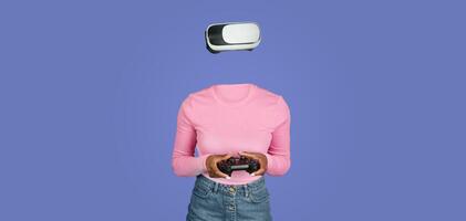 A person using virtual reality goggles plays a game, fully immersed in a digital experience. They hold a gaming controller while the background is a solid color, emphasizing the technology. photo