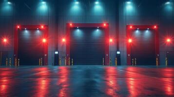Bright lights illuminate the exterior of loading bays in a large warehouse. The well maintained floor reflects the vibrant colors, enhancing the nighttime atmosphere. photo