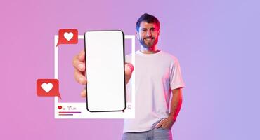 A person holds a smartphone displaying a blank screen, surrounded by chat and like icons. The background features a vibrant gradient, creating an inviting atmosphere for online interaction. photo