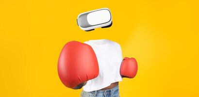A person is engaged in a virtual reality boxing activity using a headset and oversized gloves, set against a vibrant yellow background. The head is absent, emphasizing the tech. photo