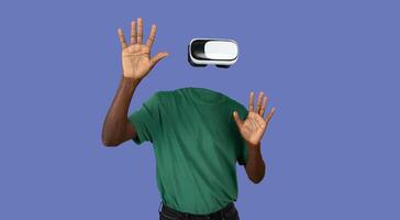 A person wearing virtual reality goggles engages with an unseen environment. Their head is not visible, creating an intriguing visual effect. Hands are raised, indicating interaction with the device. photo