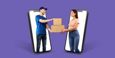 A buyer smiling while receiving a package from a delivery person through a smartphone screen. This represents the convenience of online shopping and delivery services in a digital age. photo