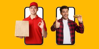 A buyer engages with a smartphone app for online shopping, excitedly receiving a delivery. The person is satisfied with the service, highlighting the modern ecommerce experience. photo