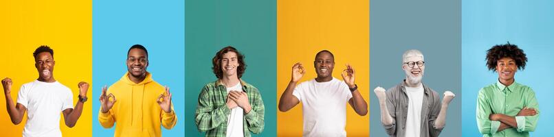 A diverse group of cheerful individuals showcases happiness and positivity while posing against vibrant, colorful backgrounds. Each person expresses joy in a unique and fun way. photo