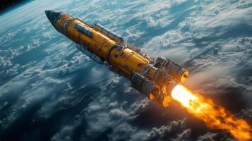 A rocket booster lights up with powerful flames as it propels a payload into orbit, showcasing the incredible power of spaceflight technology in a stunning display above the Earth's atmosphere. photo