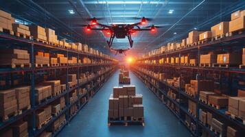 A drone is positioned above rows of stacked boxes in a large warehouse, efficiently managing inventory as the sun sets, highlighting advanced logistics technology. photo