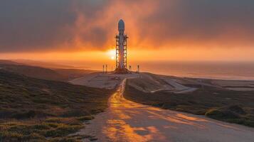 A rocket is positioned on the launch pad, silhouetted against a stunning sunset. This setting highlights ongoing advancements in aerospace technology and spaceflight preparations. photo