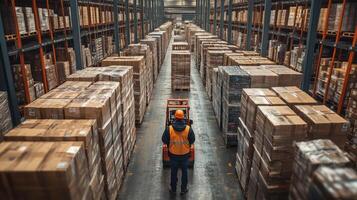 A warehouse employee in a safety vest operates a forklift amidst tall stacks of boxes, focused on sorting and managing inventory within a busy distribution center during the day. photo