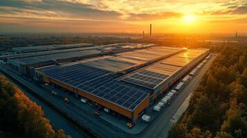 A large logistics warehouse features solar panels on the roof, lined with trucks ready for freight distribution as the sun sets, creating a vibrant sky and optimizing cargo storage. photo