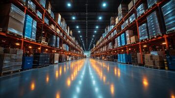 Wide aisles lined with stacked pallets and boxes in a well maintained warehouse, illuminated by overhead lighting, emphasizing efficient logistics and distribution operations. photo