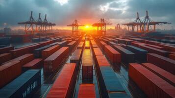 Cargo containers are arranged in neat rows at a bustling logistics hub, with cranes working against a stunning sunset backdrop, highlighting the busy shipping activity. photo